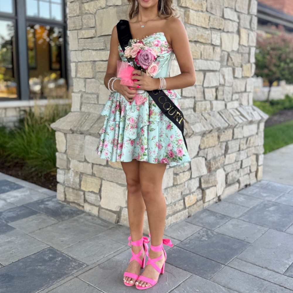 Alyce Paris 30084 Strapless Ruffle Dress in Tiffany Floral and Pink